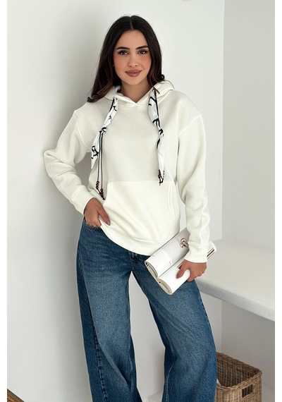 Noa & Noa Kadın Fular Detaylı Kapüşonlu Sweatshirt Casual Charm Beyaz