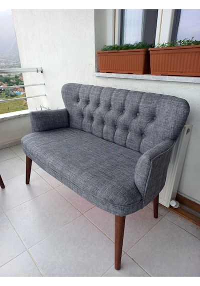 Azra Mobilya Ikili Balkon Takimi - Kanepe - Keten Kumaş - Bekleme Koltugu - Açık Gri Açık Gri