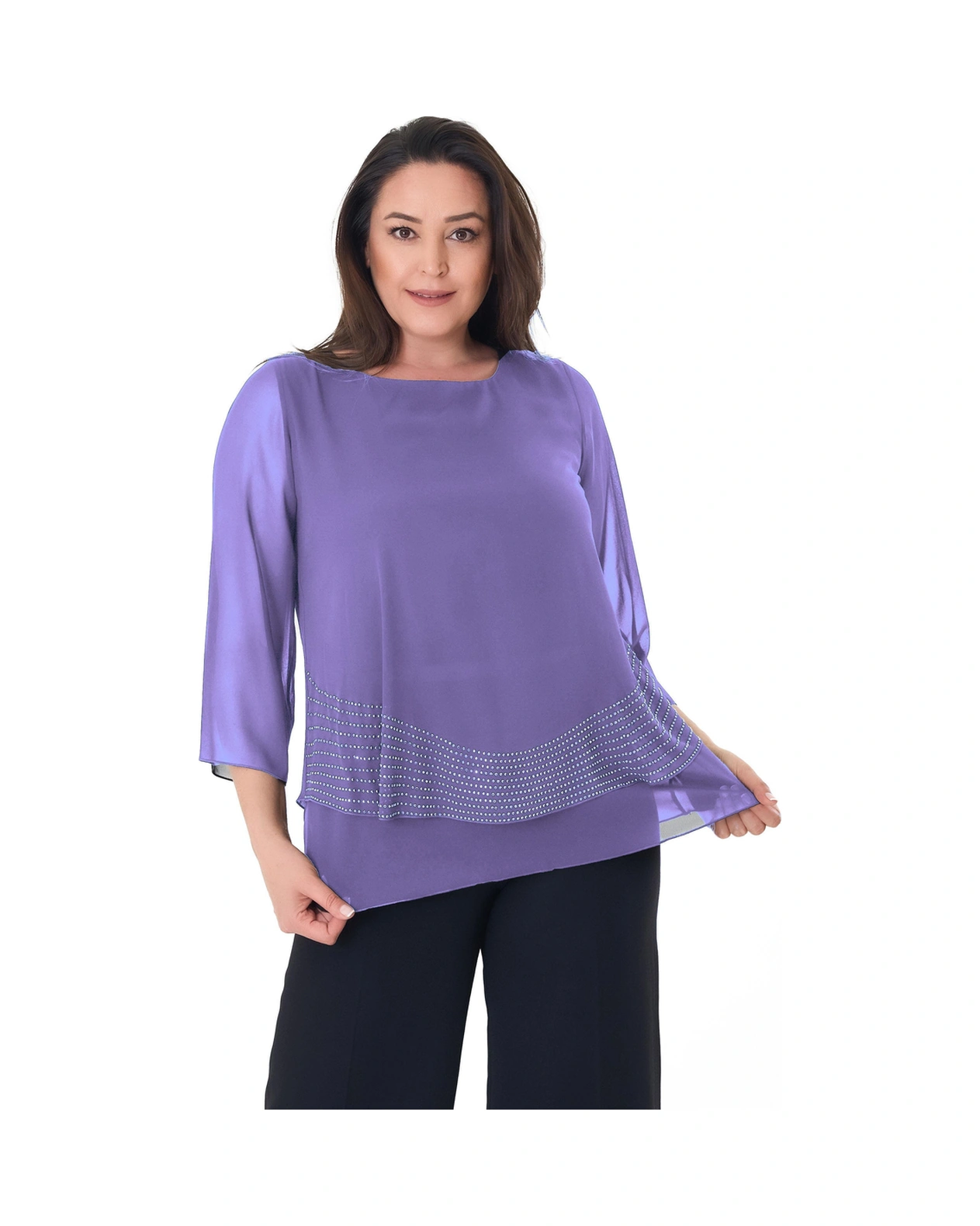 Lilas Xxl Büyük Beden Lila Renkli Şifon Abiye Bluz Lila Desen