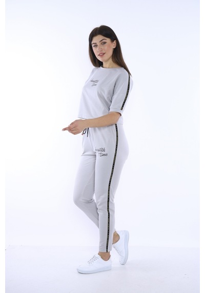 Kadın-alt-üst T-shirt Takım, Rahat Kesim-3826 - S Gri