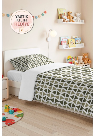 Geometrik Yeşil Minimal Tek Kişilik Pike Takımı - Haki Beyaz Bohem 160x220 Cm Yazlık Yatak Örtüsü Ahenkli Kıyı Nüansı