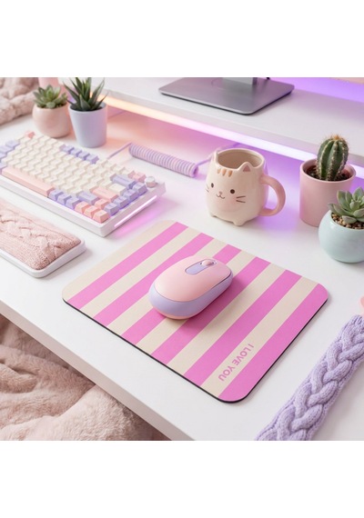 Tabloe Çizgili Desenli Premium Mouse Pad - 23x19 Cm - Kaydırmaz Tabanlı Kaliteli Fare Altlığı Mousepad Açık Pembe