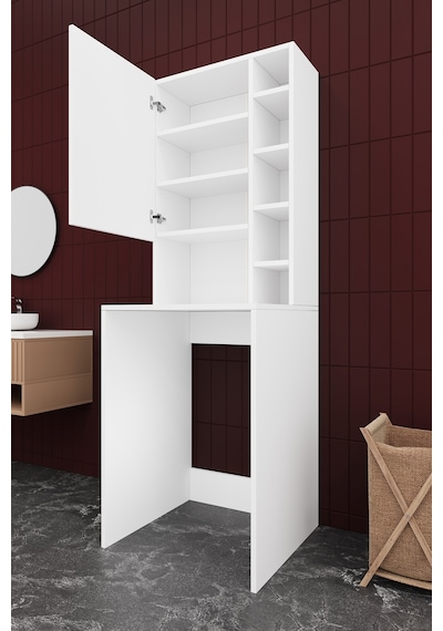 Asra Trend Çamaşır Makinesi Üstü Banyo Dolabı BD-02 %100 MDF Kapaklı Organizer Raf Beyaz
