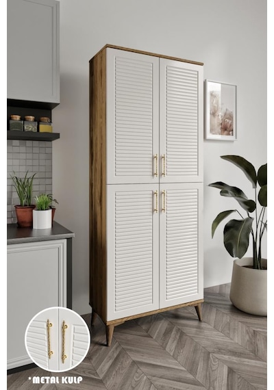 Panjurlu Metal Kulp Pnj4190 Çok Amaçlı Dolap 4 Kapaklı Mutfak Dolabı Balkon Dolabı Kiler Banyo Dolabı Ayakkabılık Ekru Ceviz