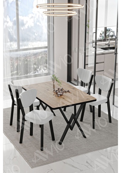 Avvio Carla Elma Sandalye 80x120 Yemek Masası Mutfak Masası 4 Kişilik Masa Sandalye Takım Akça