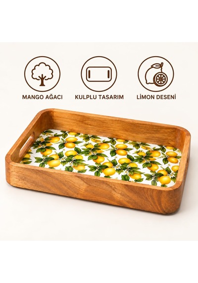 Mango Ağacı Dikdörtgen Servis Tepsisi, 33 X 22 X 4,70 Cm Limon Desenli Ahşap Sunum Tepsisi, Yüksek Kenarlı Kahvalt