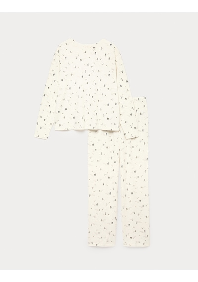 Marks & Spencer %100 Pamuklu Baskılı Pijama Takımı T37004621F Krem Mix
