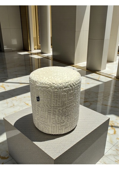 Prime Dokulu Geometrik Desenli Silindir Puff Lüks Dekoratif Oturma Pufu Krem