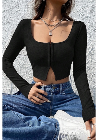 Moda Dua Kadın Siyah Uzun Kollu Agraflı Göğüs Ve Göbek Dekolteli Crop Top Bluz