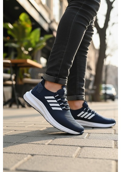 Enoch Ortopedik Ultra Hafif Şeritli Fileli Çoraplı Sneaker Spor Ayakkabı Lacivert