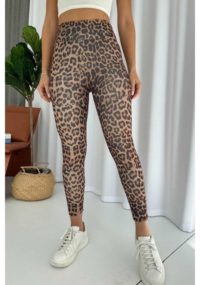 Leopar Desen İçi Şardonlu Kadın Toparlayıcı Tayt - Kahverengi Kahverengi
