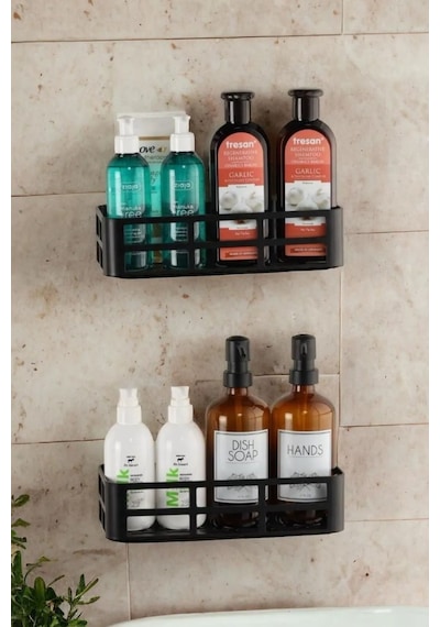 2'li Set Banyo Duş Rafı Şampuanlık, Sabunluk Siyah Yapışkanlı Siyah