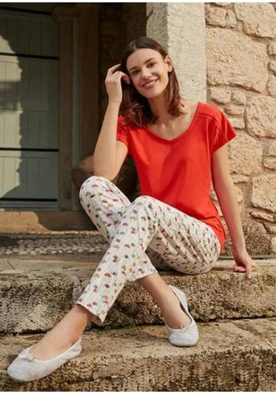 Eros Kadın Nar Çiçeği Desenli Pijama Takımı Nar Çiçeği