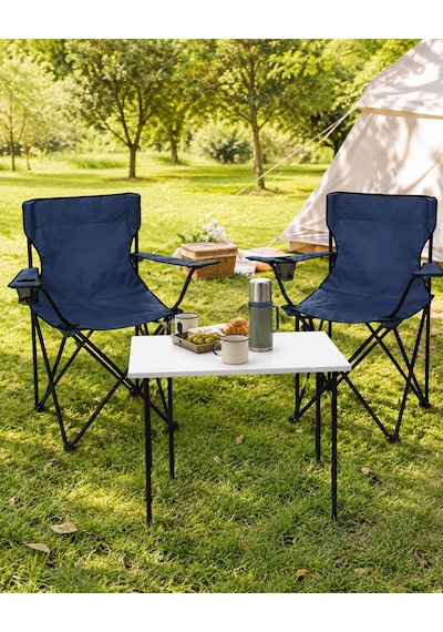 2 Sandalyeli Katlanır Kamp Masa Sandalye Seti 60x45 Cm 3 Parça Lacivert - Beyaz
