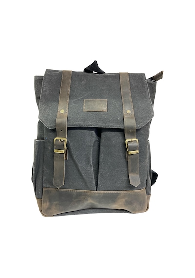 Old Cotton Cargo Kanvas Deri Su Geçirmez Unisex Laptop Bölmeli Gezi Okul Seyahat Kamp Sırt Çantası Siyah