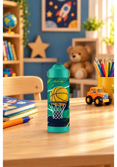 Puccon 540 Ml Basketbol Topu Baskılı Yeşil - Turuncu Erkek Çocuk Pipetli Çelik Termos Matara/suluk - 60060