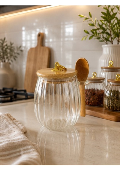 Morponi Kaşıklı Çizgili Cam Baharat Kavanozu 800 Ml - Gold Halka Kulplu Bambu Kapaklı Saklama Kabı Dh 57-59 Şeffaf