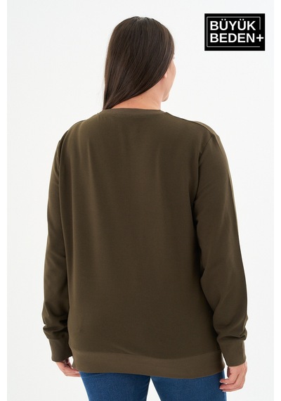 Süperlife Kadın Büyük Beden Bisiklet Yaka İnce Sweatshirt Spr24bswk56 Haki