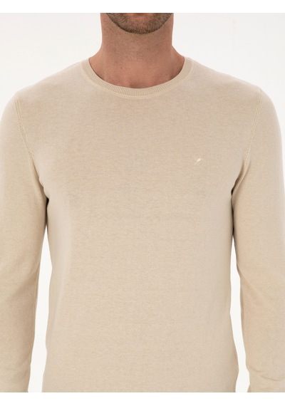 Cacharel Bej Slim Fit Pamuk Karışımlı Bisiklet Yaka Basic Triko Kazak