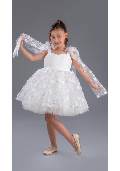 Mnk Baby & Kids Çiçek Brode Desen İmeros Kız Abiye M00736 Beyaz