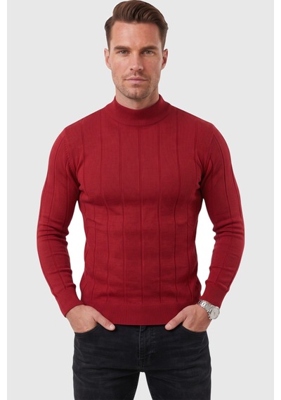 Rizzup Erkek Slim Fit Yarım Balıkçı Yaka Çizgi Dokulu Bordo Triko Kazak 2505503