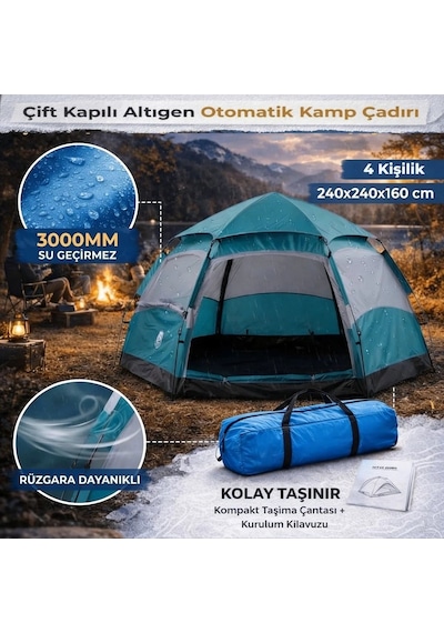 Buffer 4 Kişilik Otomatik Kamp Çadırı Altıgen Tasarım, Çift Kapılı, Suya Dayanıklı, Hızlı Kurulumlu Geniş Aile Outdoo Turuncu