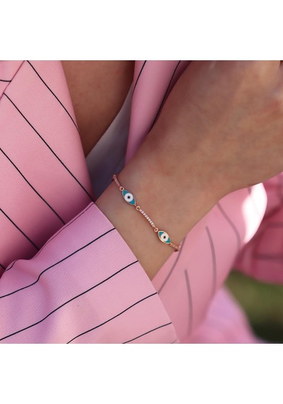Zirkon Taşlı Mavi Mine İşli Göz Modeli Rose Gold Kaplama Gümüş Bileklik Gümüş