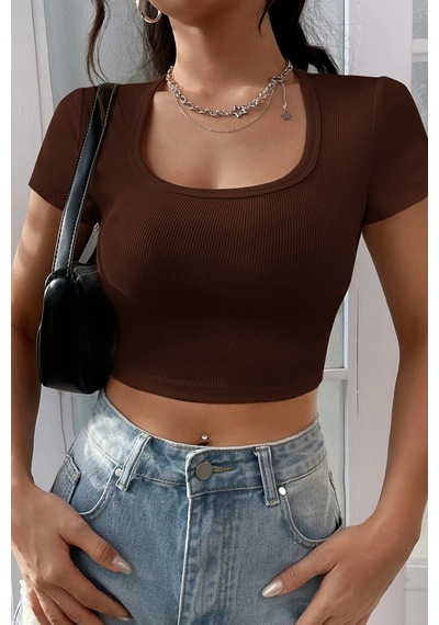 Angbutik Kadın Kahverengi Yarım Kol Düz Yaka Crop Top Bluz