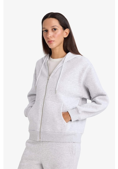 DeFacto -  Relax Fit Kapüşonlu Basıc Kalın Fermuarlı Sweatshirt C1809AX26SP Gri