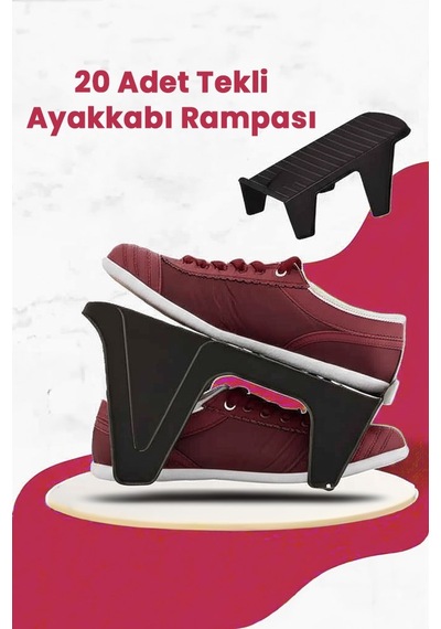 20 Adet Tekli Ayakkabı Rampası, Dolap İçi Düzenleyici, 2 Kat Yer Açan Ayakkabılık Organizer Siyah