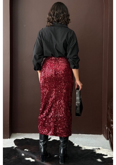 Verymoda Pullu Kadife Uzun Etek F2053 Bordo