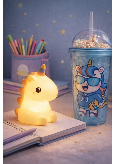 2 Li Set Işıklı Renkli Unicorn Figürlü Gece Lambası & Pipetli Boncuk Detaylı Suluk Bardak Mavi 450ml Set