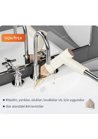 Elektrikli Temizlik Fırçası Şarjlı Mop Seti 7 Başlıklı Teleskopik Saplı Çok Amaçlı Temizleyici