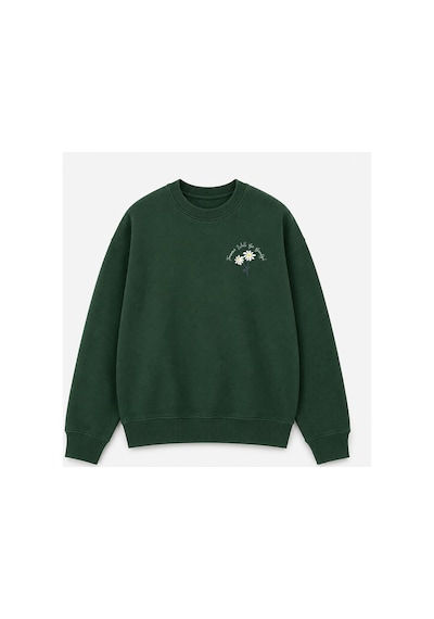 Herkesemoda Papatya Baskı Detaylı Bisiklet Yaka Şardonlu 2 İplik Sweatshirt Yeşil