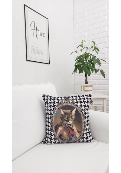 Prens Kedi Kaz Ayağı Desen Kırlent Kılıfı Çok Renkli