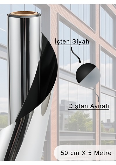 50 Cm X 5 Metre Isı Yalıtımlı 2 Ply Içten Siyah / Dıştan Aynalı Blacksilver Cam Filmi Ofis, Cam Balkon, Duşakabin