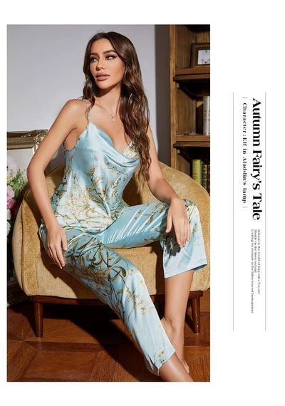Ece's Design Saten & İpek Görünümlü Pijama Takımı Lüks & Rahat W2014 Mavi