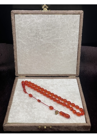 Ali Fidan İmzalı El Boy Badem Kesim Turuncu Amber Ateş Kehribar Tesbih 7x10 Mm