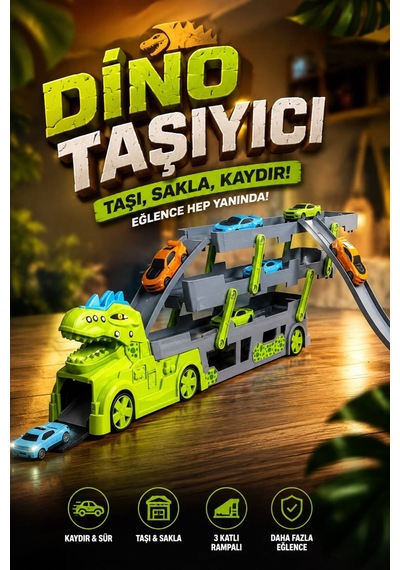 Dinozor Tasarımlı 3 Katlı 37 Araç Kapasiteli Mega Tır-kamyon Açılır-kapanır Kasalı Rampalı Otopark 3 Arabalı