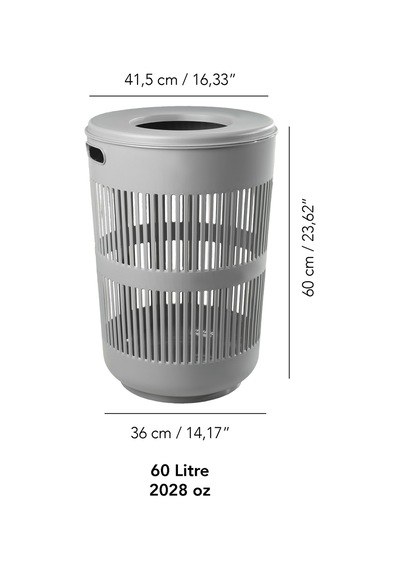 60 Litre Solara Yuvarlak Kirli Sepeti - Kapak Detaylı Banyo Düzenleyici Sepet Çamaşır Sepeti Gri Gri