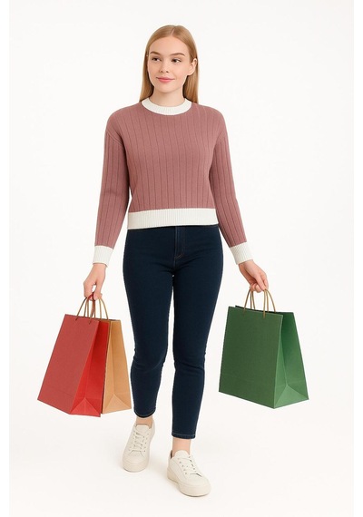 Hira Life Fashion Kadın Bisiklet Yaka Fitili Ve Şerit Detaylı Crop Triko Kısa Kazak Gül Gül Hira Life Fashion Kadın Bisiklet Yaka Fitili Ve Şerit Detaylı Crop Triko Kısa Kazak Gül Gül