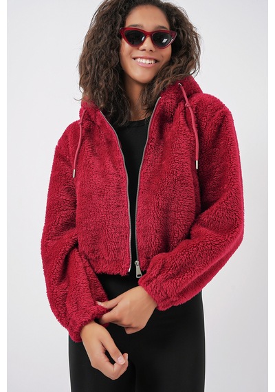 Bigdart 5193 Kapüşonlu Peluş Crop Ceket - Bordo