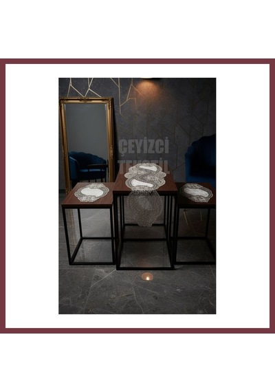 Storeşahin Salon Takımı, Yatak Odası 3 Parça Sehpa Örtüsü, Masa Örtüsü 3 Parça Oda Takımı - Krem Kadife Shn0720