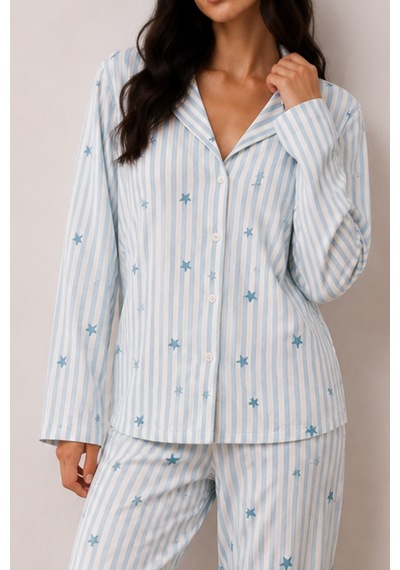 Kadın Düğmeli Kışlık Ev Mavi Pijama Takımı