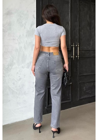 Gri Yüksek Bel Kadın Mom Fit Pantolon Mg2389