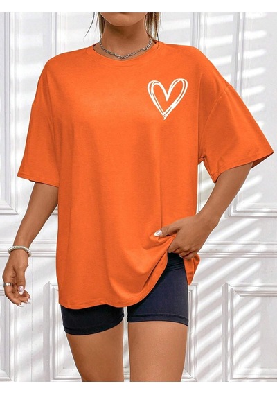 Kalp Logo T-shirt - Turuncu Baskılı Oversize Bisiklet Yaka Kısa Kol Tişört Turuncu