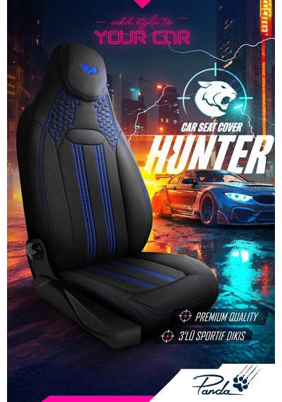 Siyah - Mavi Panda Hunter Lacoste Kumaş Ortopedik Destekli Oto Koltuk Kılıfı-tam Set