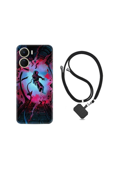 Vivo Y16 Kılıf İpli Boyun Askılı Desenli Silikon Astronot Attack 1702