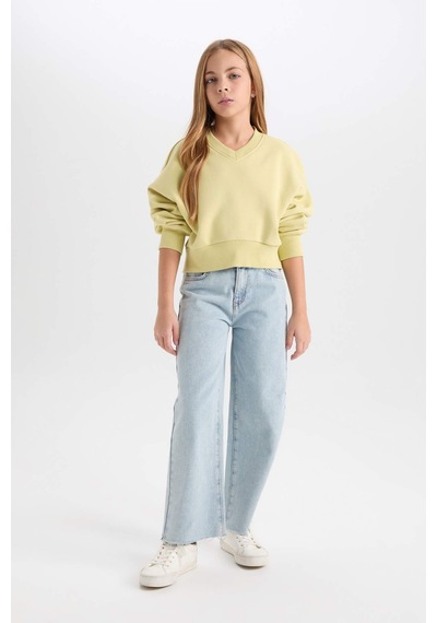 DeFacto Kız Çocuk Cropped Fit V Yaka Basic Düz Sweatshirt D7047A824WNGN659 Yeşil