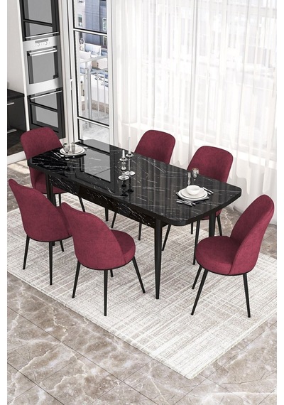 Canisa Kor Serisi, Siyah Mermer Desen 70x114 Açılabilir Yemek Masası Takımı, 6 Sandalye Masa Siyah Mermer Desen Sandalye Bordo Canisa Kor Serisi, Siyah Mermer Desen 70x114 Açılabilir Yemek Masası Takımı, 6 Sandalye Masa Siyah Mermer Desen Sandalye Bordo
